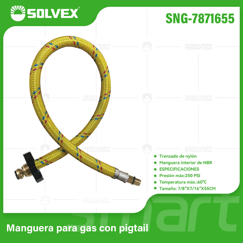 Manguera Para Gas Flexible 55Cm. Tubo de Abasto Trenzado en Nailon con Conectores Metálicos M7/8'' x M7/16''.