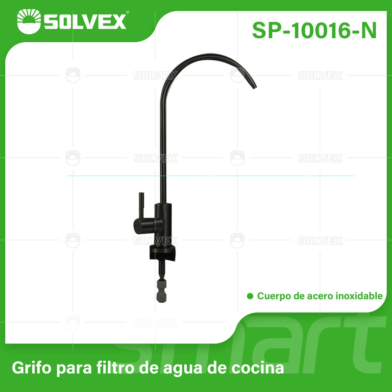 Llave para Filtro de Agua de Cocina. Color negro. Grifo con Conexión Rápida 1/4" x 1/4" y Adaptador 1/4" x 1/2".