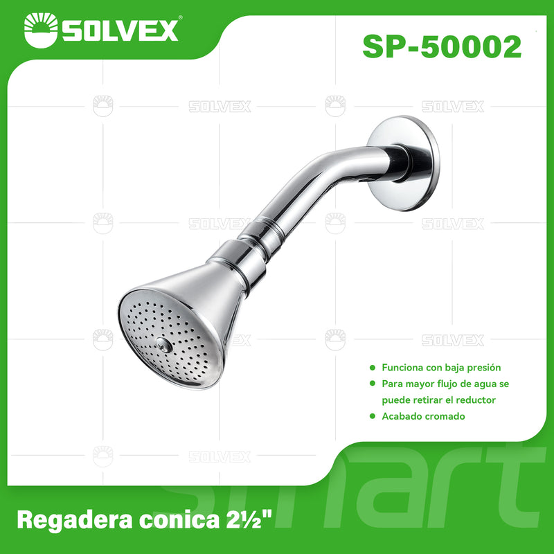 Regadera para Ducha Cónica 2½" Cromada Brillante. Cabezal de Alta Durabilidad con Reductor Desmontable.
