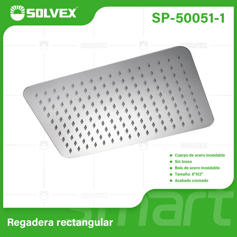 Regadera para Ducha Rectangular 8"x12" Cromada. Cabezal de Acero Inoxidable Resistente.
