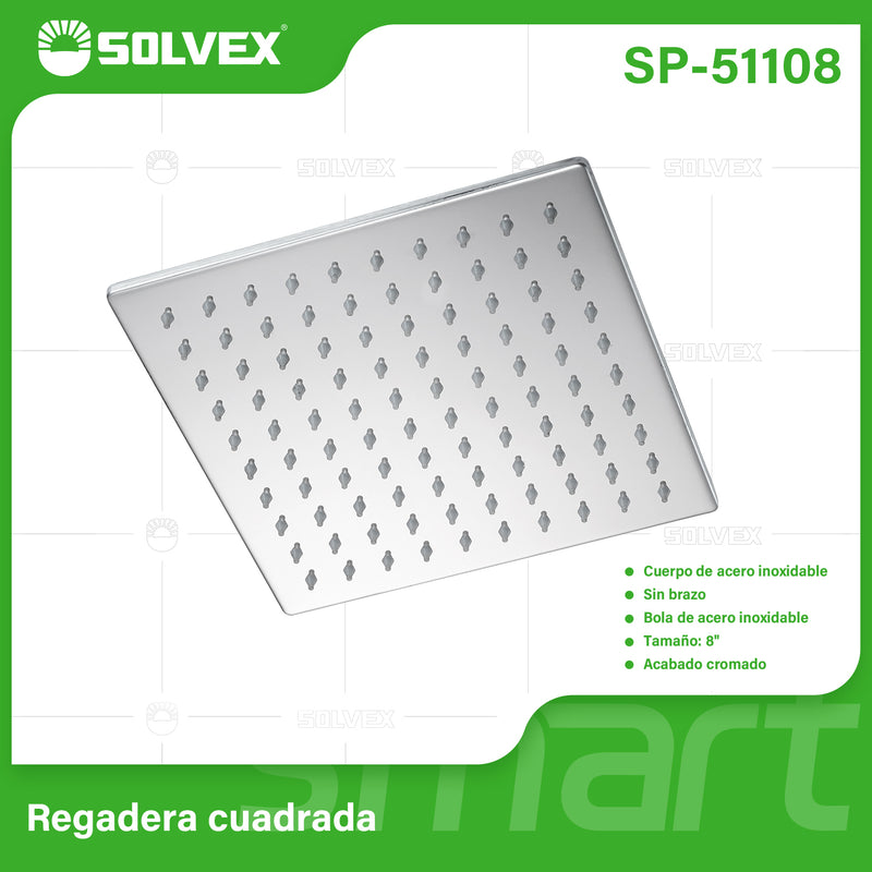 Regadera para Ducha Cuadrada 8" Cromada. Cabezal de Acero Inoxidable Resistente.