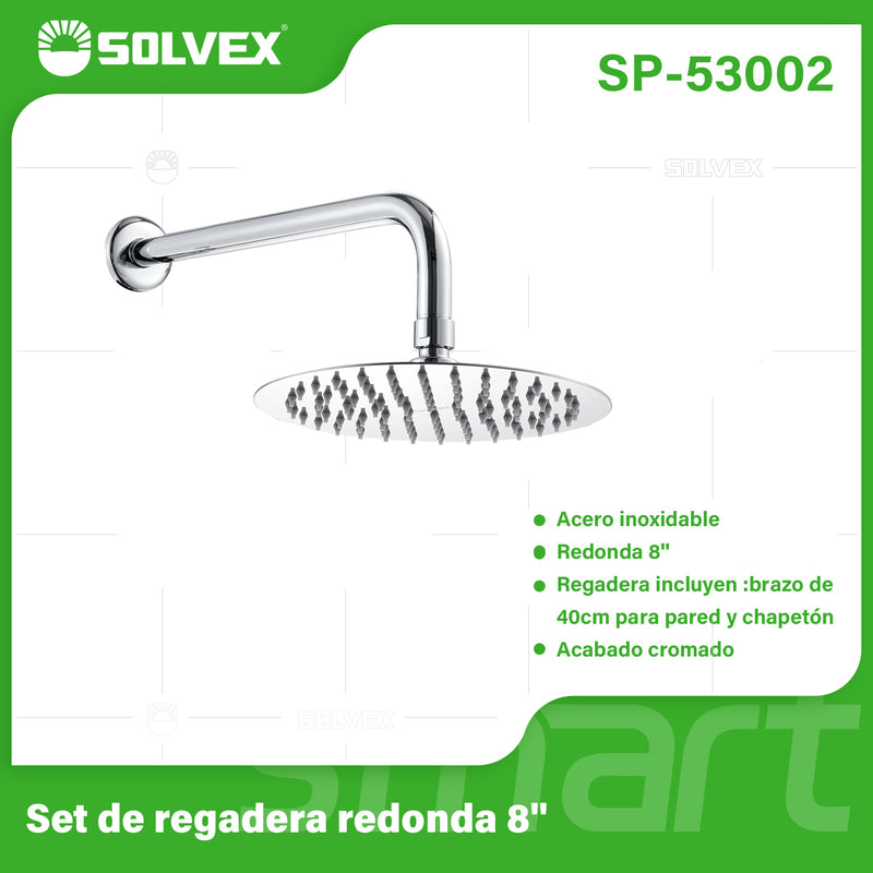 Regadera para Ducha Redonda 8". Acero Inoxidable con Brazo y Chapetón. Acabado cromado.