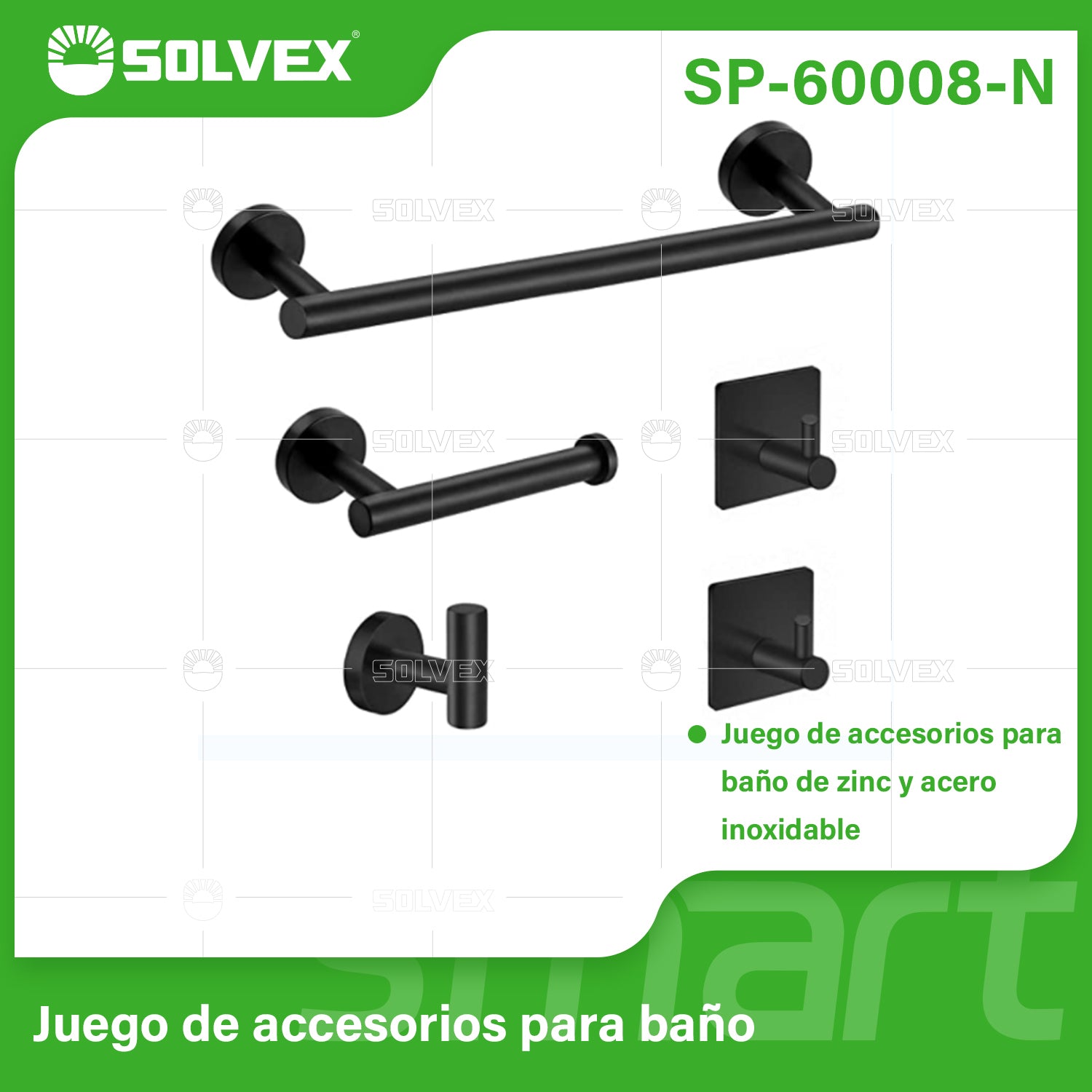 Accesorios para Baño. Set de 5 Piezas. Acero Inoxidable y Zinc. Color negro.