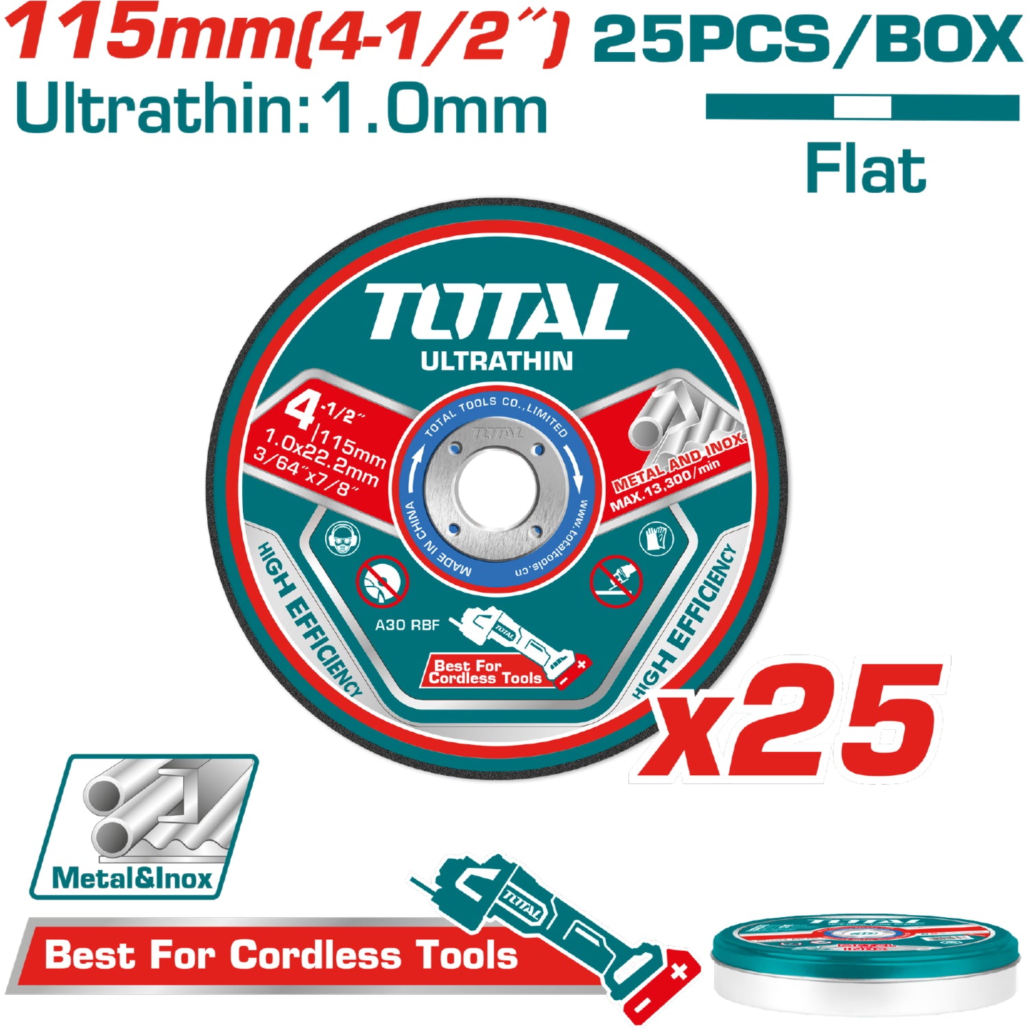 Discos de corte de metal ultrafino 4 1/2" x 3/64" x 7/8" Centro Plano. Set 25 pzas.