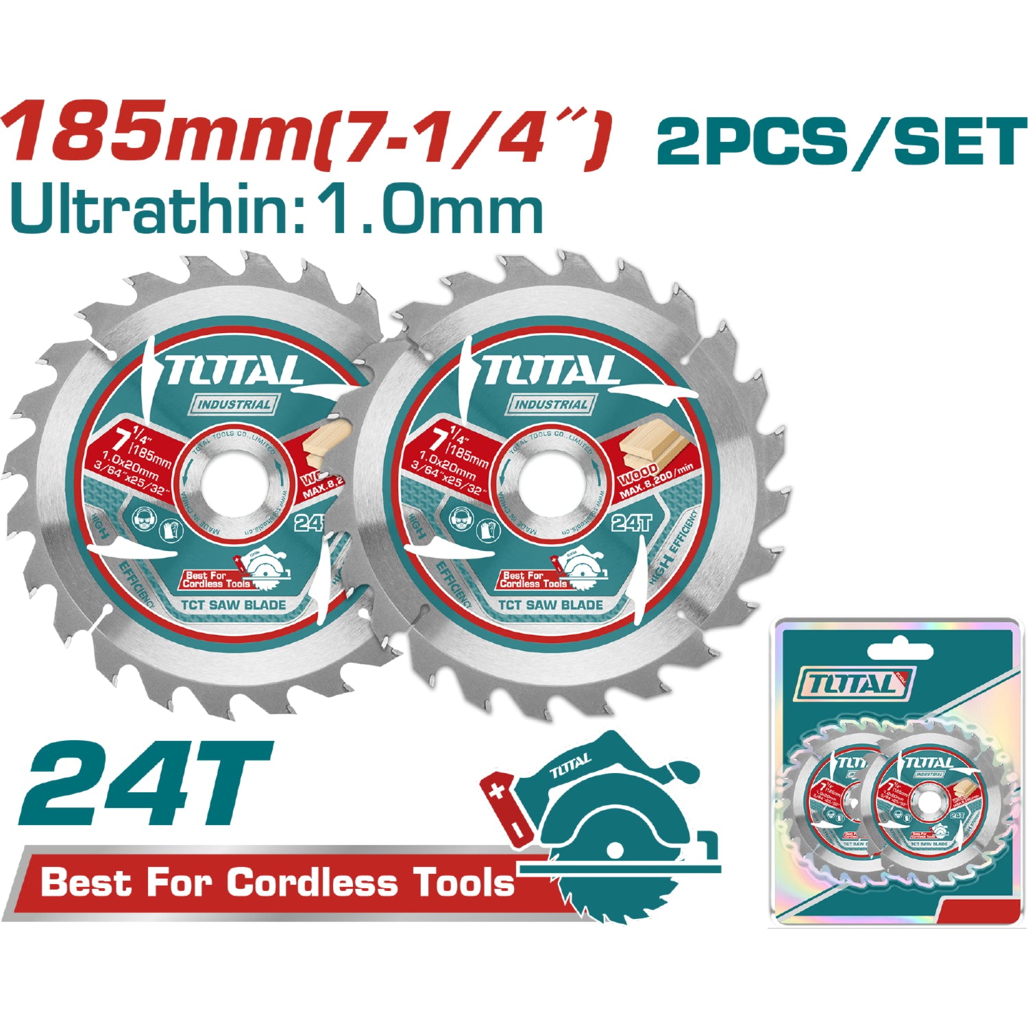 Discos de corte sierra TCT 185mm (7-1/4") para madera.24T. Compatible con Sierra TSLI1851. Set de 2.