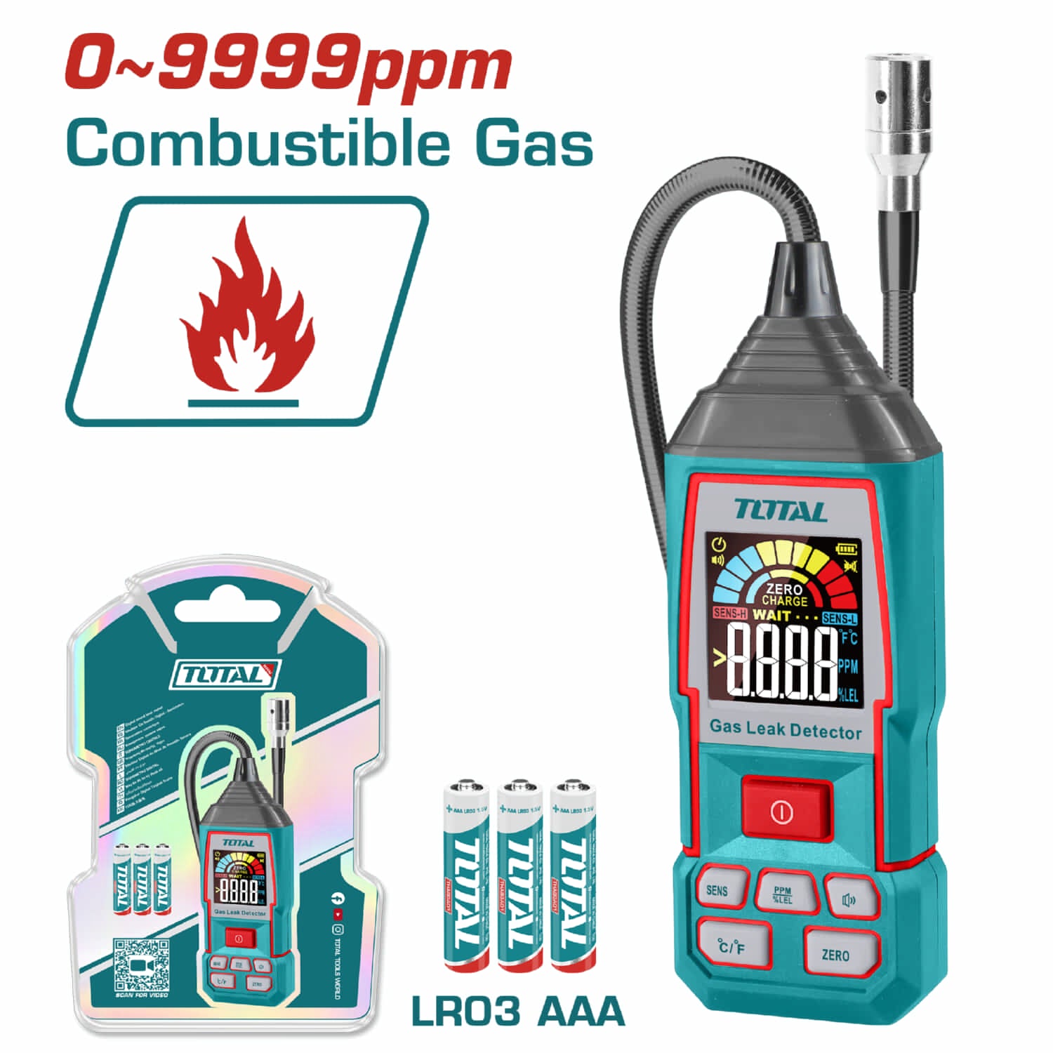 Detector Digital de Gases, Rango 0~9999 ppm Pantalla LCD, Probeta Flexible de 450mm.
