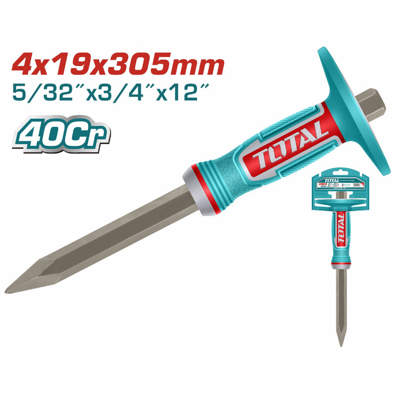 Cincel de hormigón 4mm 40Cr 4x19x305mm. Mango diseño único. Recubrimiento en polvo.