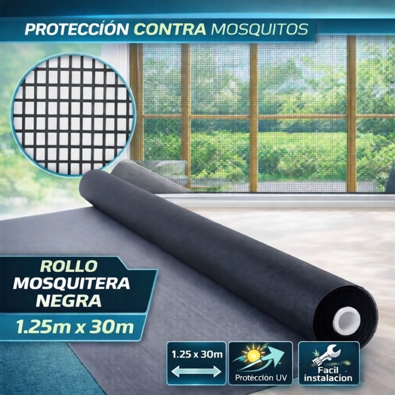 Rollo mosquitera negra 1.25x30m malla 18x18 anti-UV PP+PE resistente para ventanas y puertas
