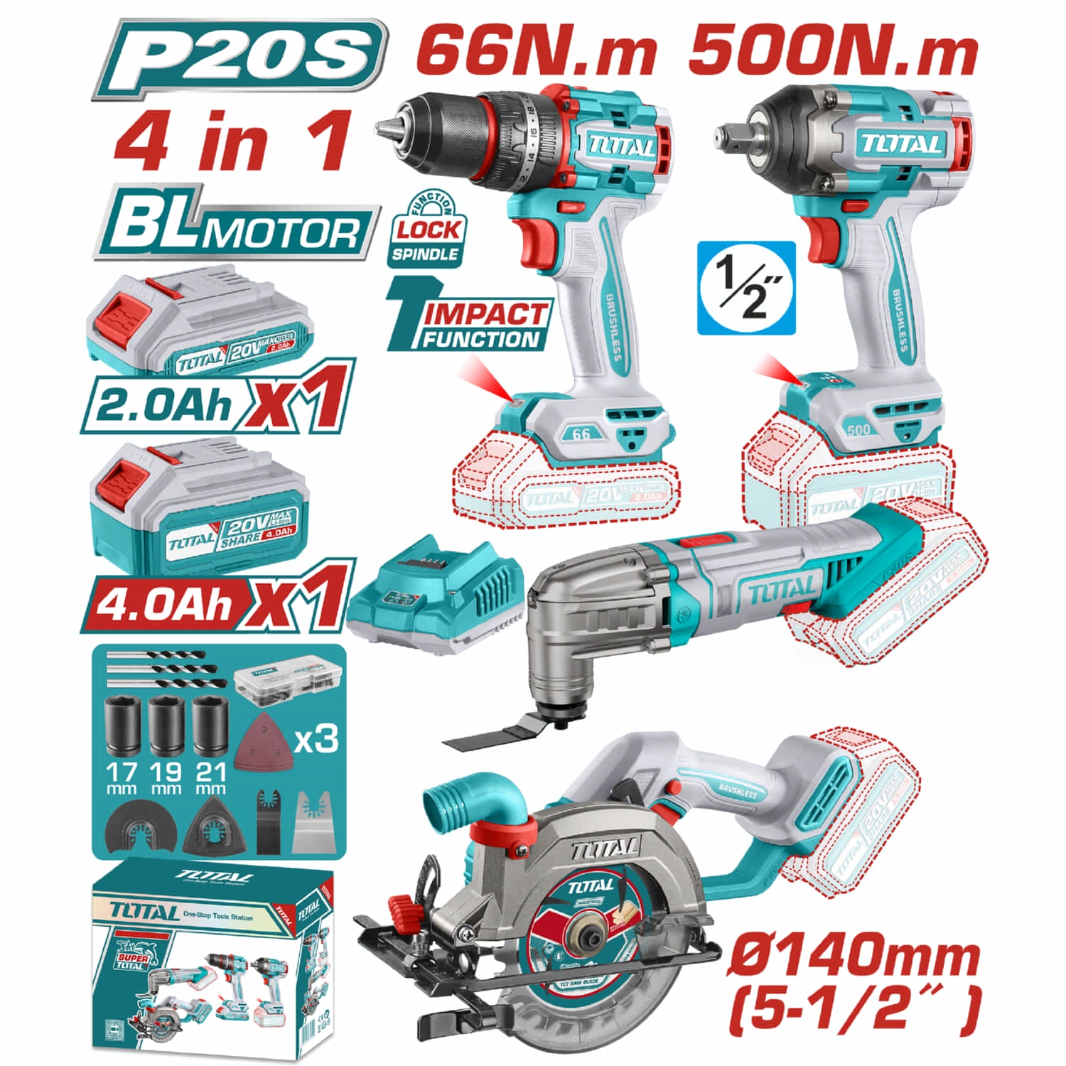 Combo Del Mes Total 20V Taladro Percutor 66Nm Llave de Impacto 1/2" 500 Nm   Sierra Circular 6300rpm 140 mm (5-1/2") Motor sin Escobillas y Flexible 5000rpm con Batería Y Cargador. POCAS UNIDADES