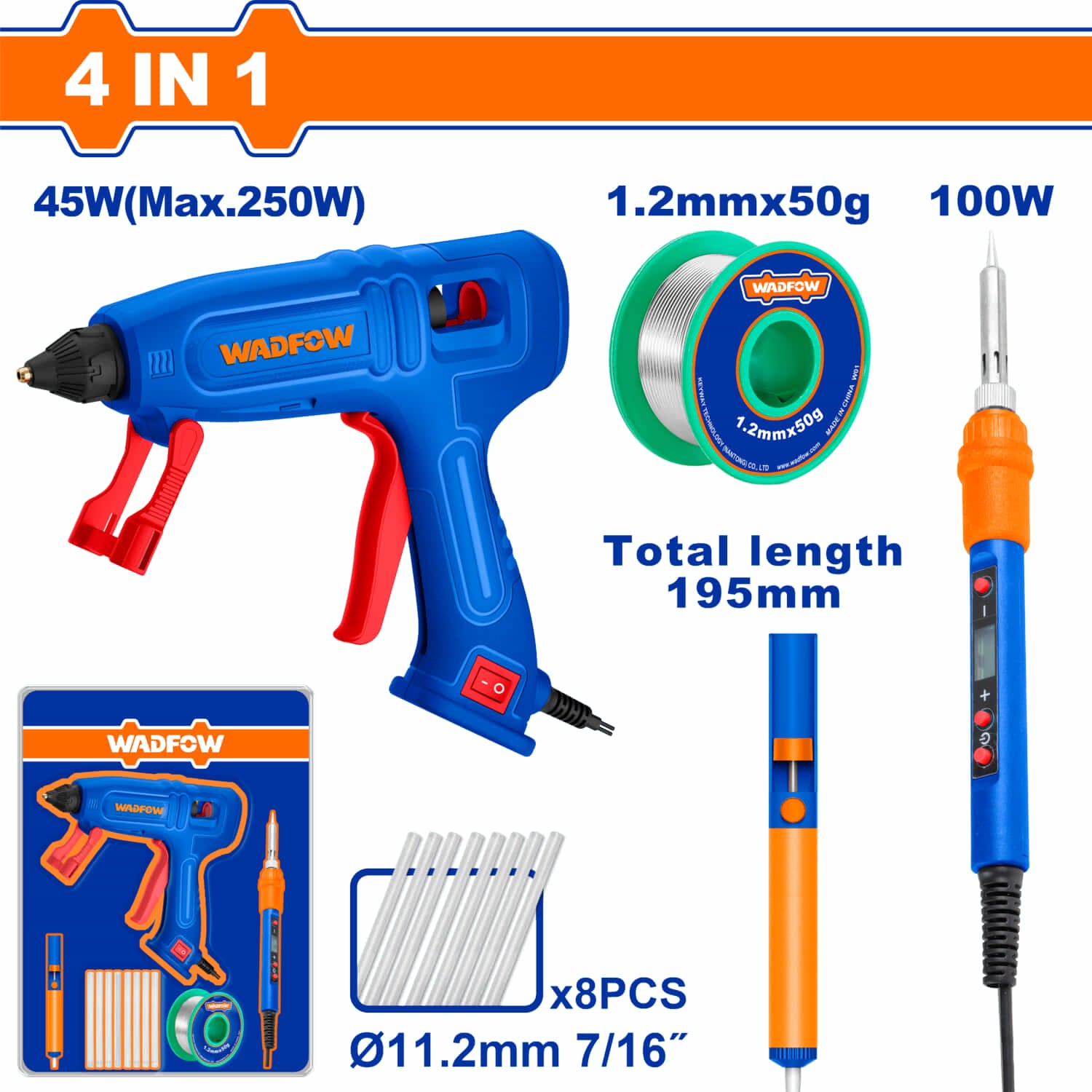 Pistola de Silicona 45W, Carrete sin Plomo 1.2mm, Cautín 100W y Bomba Desoldadora de Aluminio 5.5mm. Se vende en SET