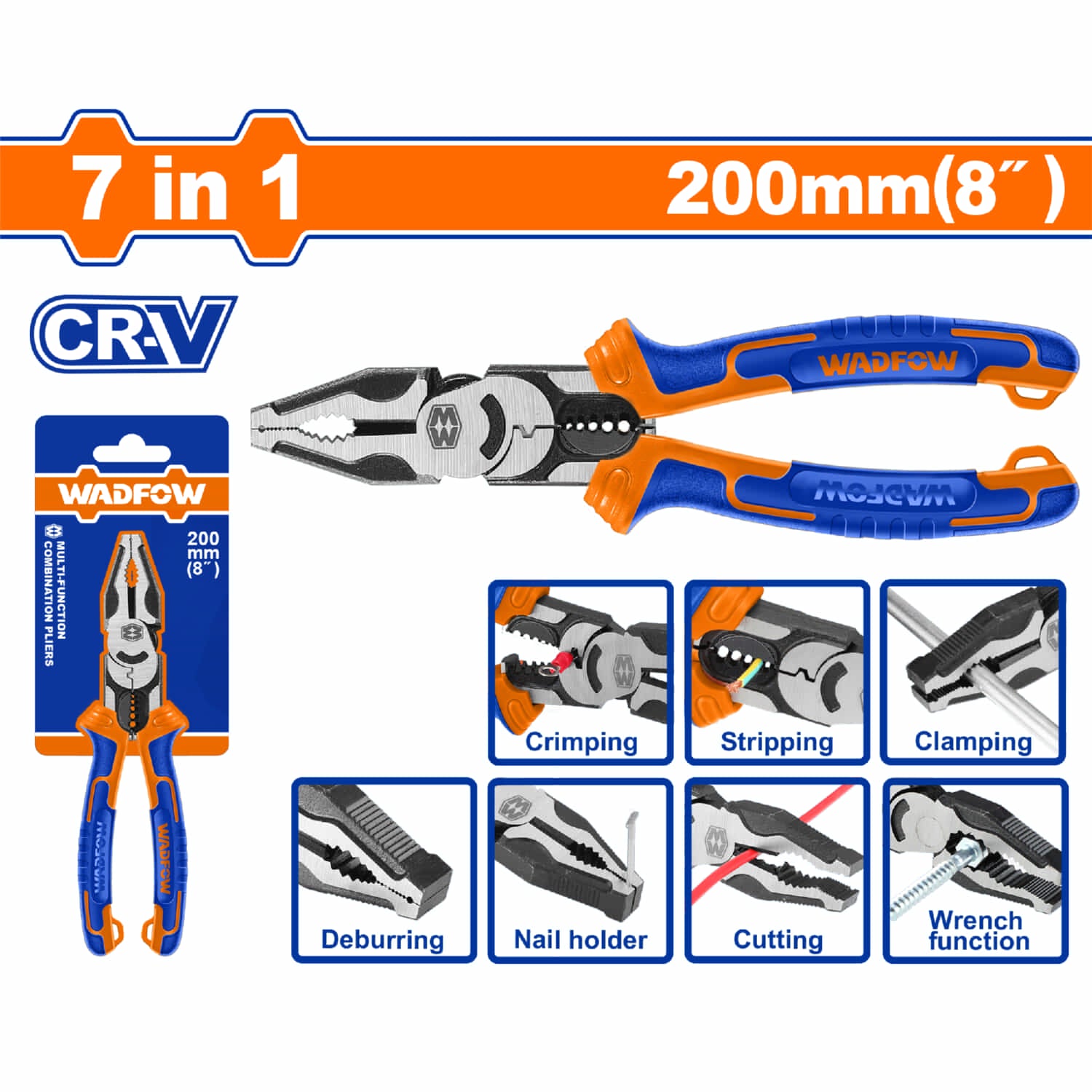 Alicate combinado multifunción 7 en 1. 8" Cr-V Ahorro energía 30% Acabado negro y pulido. Mango cómodo.