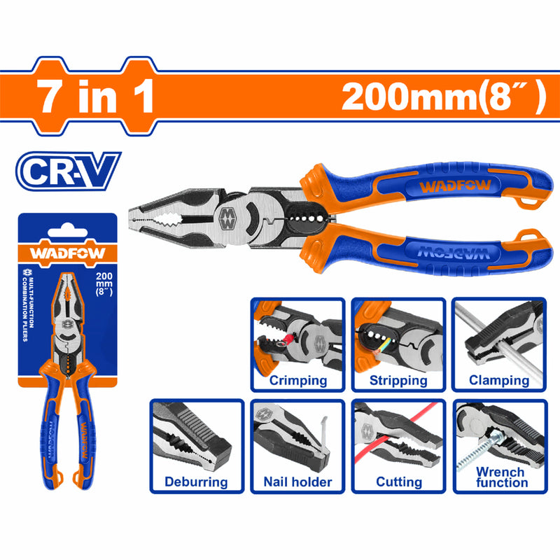Alicate combinado multifunción 7 en 1. 8" Cr-V Ahorro energía 30% Acabado negro y pulido. Mango cómodo.