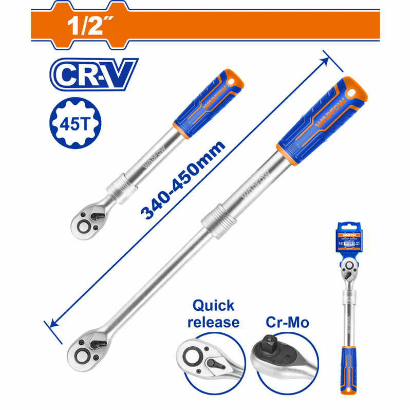 Ratchet llave Extendible 1/2" Dientes 45T Longitud 340-450mm. Cr-V + CrMo. Tratamiento térmico. Mango suave dos colores. Cromado. Socket