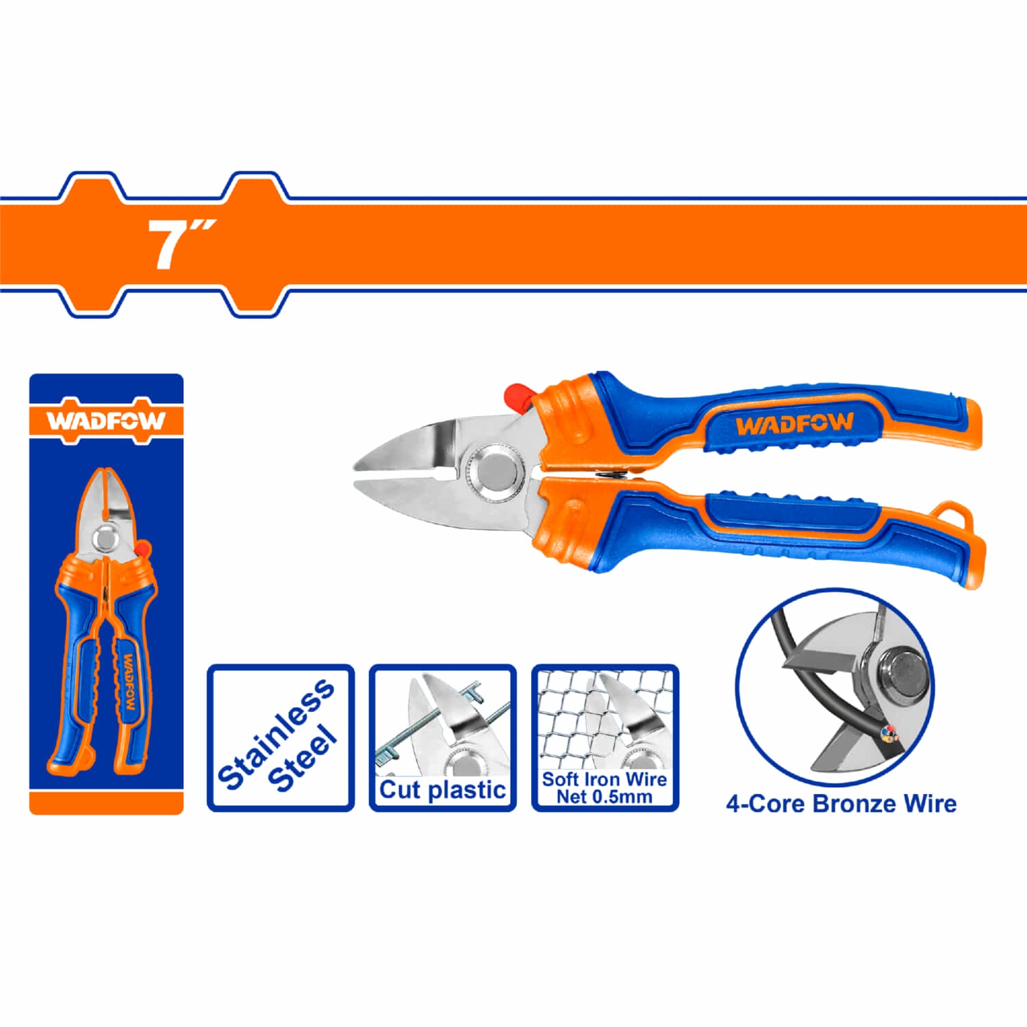 Cortador de Cable Diagonal 7" Acero Inoxidable. Diseño único. Superficie arenada. Ideal para cortar cables y mallas de alambre.