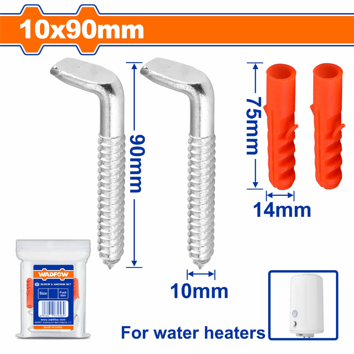 Tornillos Tipo L 10x90mm para calentadores de agua y Anclajes 14x75mm. Acero Galvanizado. Set 4 piezas.