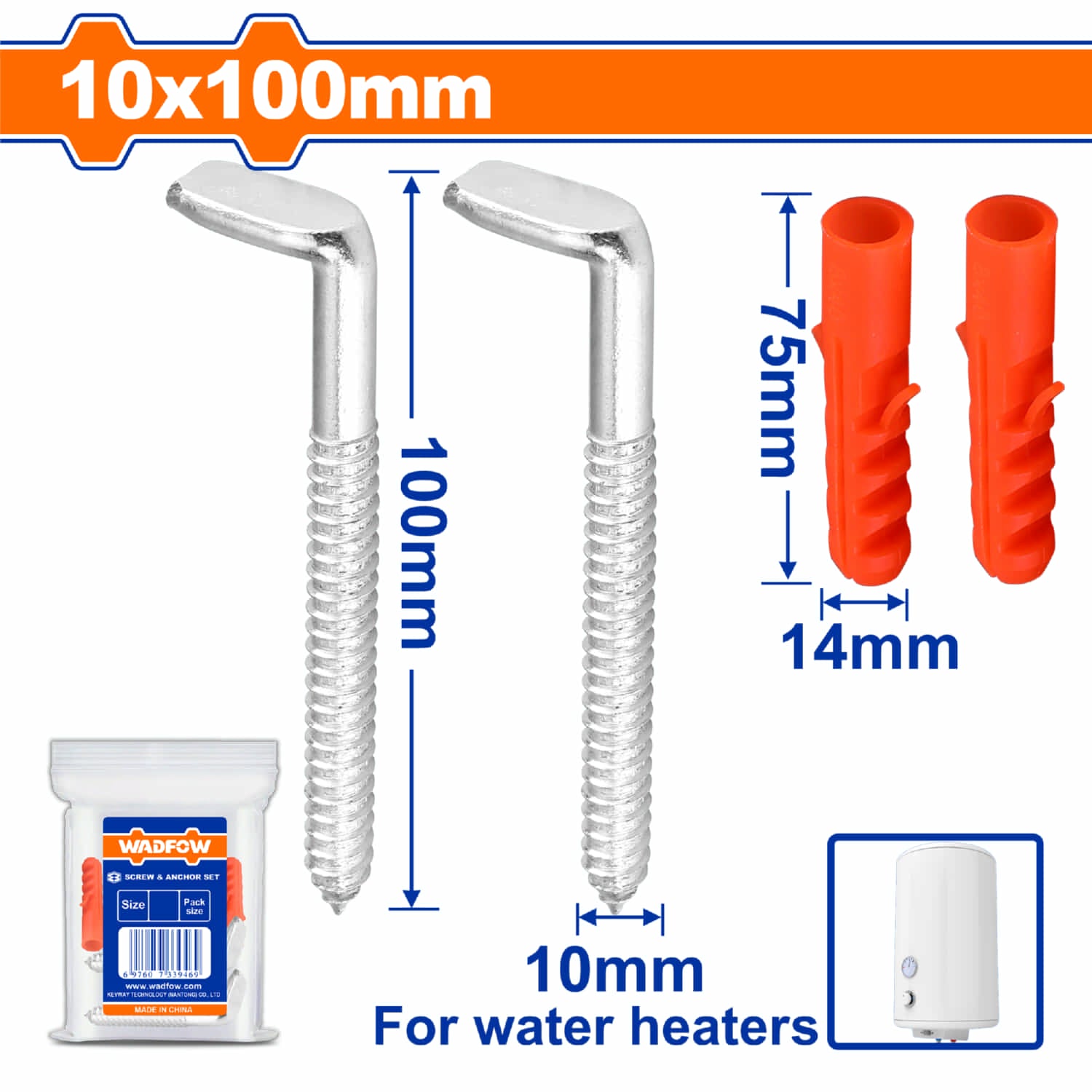 Tornillos Tipo L 10x100mm para calentadores de agua y Anclajes 14x75mm. Acero Galvanizado. Set 4 pzas.