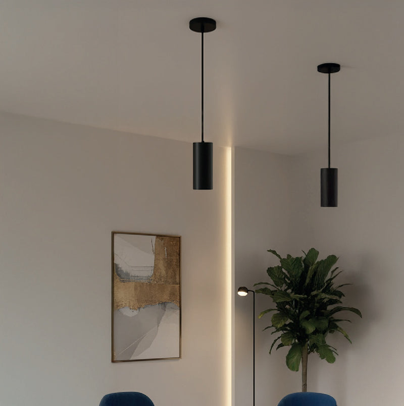 Lámpara LED Colgante Cilíndrica Moderna Negra 1XGU10 de Aluminio 55x150mm Ideal para Comedores, Cocinas y Salas de Estar. Lámpara Colgante LED de Tubo Largo.