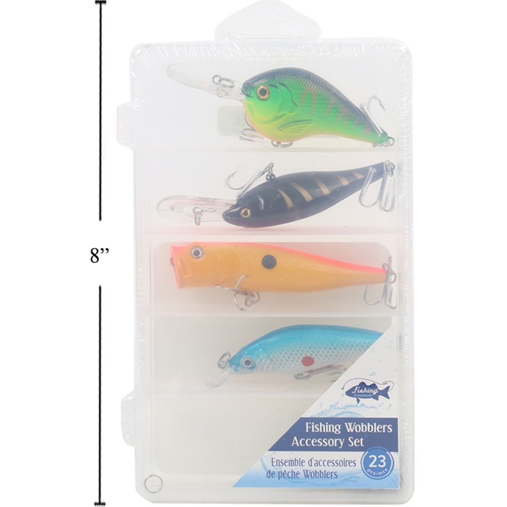 Juego de accesorios Wobblers de pesca 23 piezas, caja de plástico con etiqueta de color