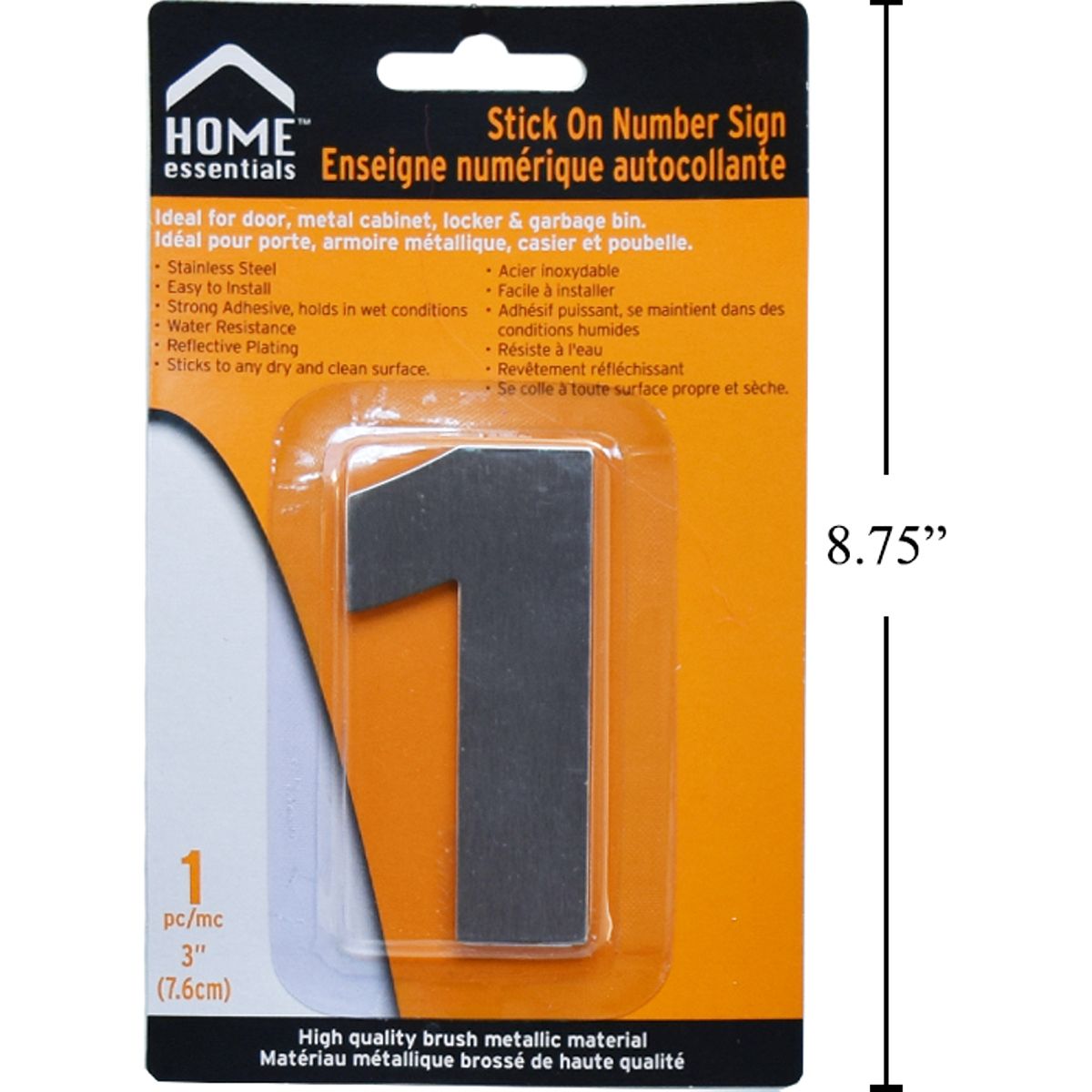 Letrero Señal numérica adhesiva de 3" # 1 Acero inoxidable