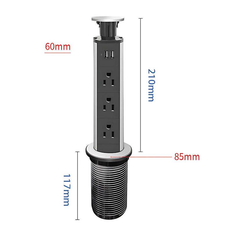 Enchufe Toma Corriente Retráctil con 3 salidas y 2 puertos USB. Torre de enchufe para sobre mesa, cocina, escritorio, oficinas.