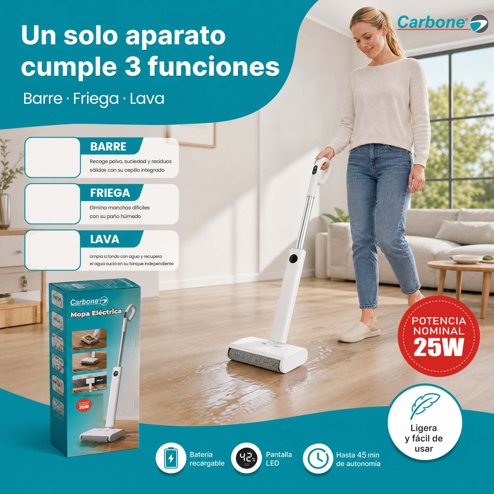 Trapeador Eléctrico Inalámbrico 25W con Autolimpieza y Pantalla LED. Mopa Eléctrica con Batería 2000mAh y Tanque 460ml, Limpieza Húmeda y Seca, Carga USB-C. Blanca