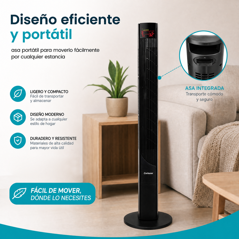Abanico de Torre 46" Negro 45-55W 110V con Pantalla LED y Control Remoto. Ventilador de 3 Velocidades y Oscilación 90°. (117cm)