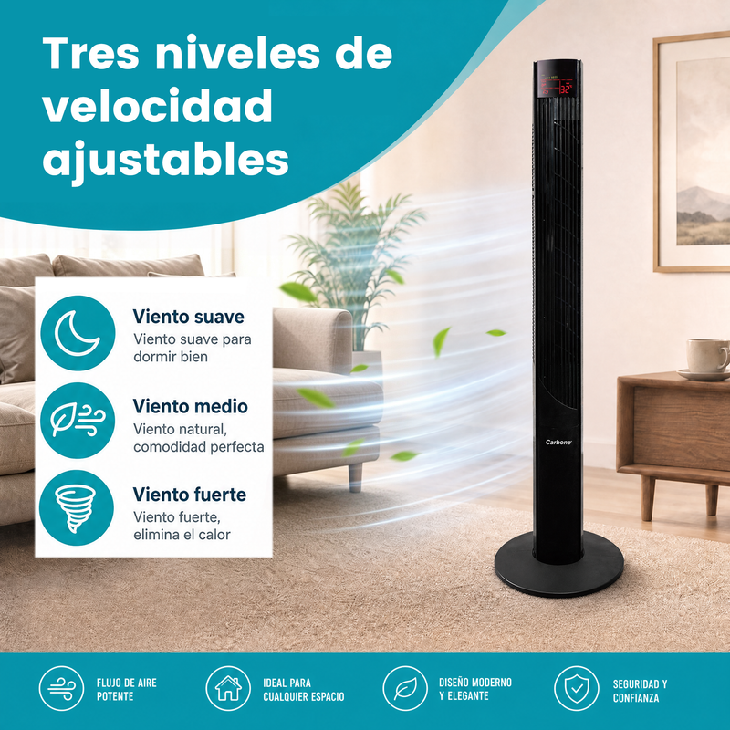 Abanico de Torre 46" Negro 45-55W 110V con Pantalla LED y Control Remoto. Ventilador de 3 Velocidades y Oscilación 90°. (117cm)