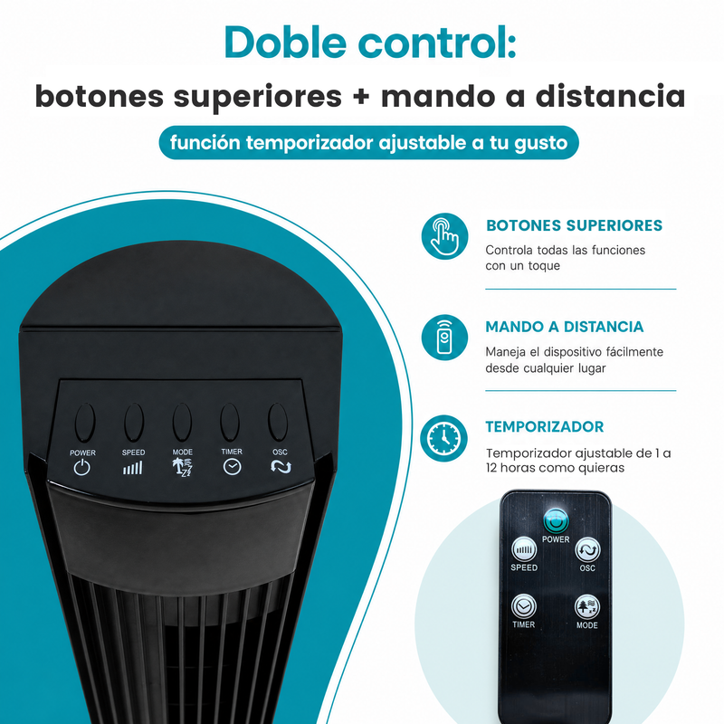 Abanico de Torre 46" Negro 45-55W 110V con Pantalla LED y Control Remoto. Ventilador de 3 Velocidades y Oscilación 90°. (117cm)