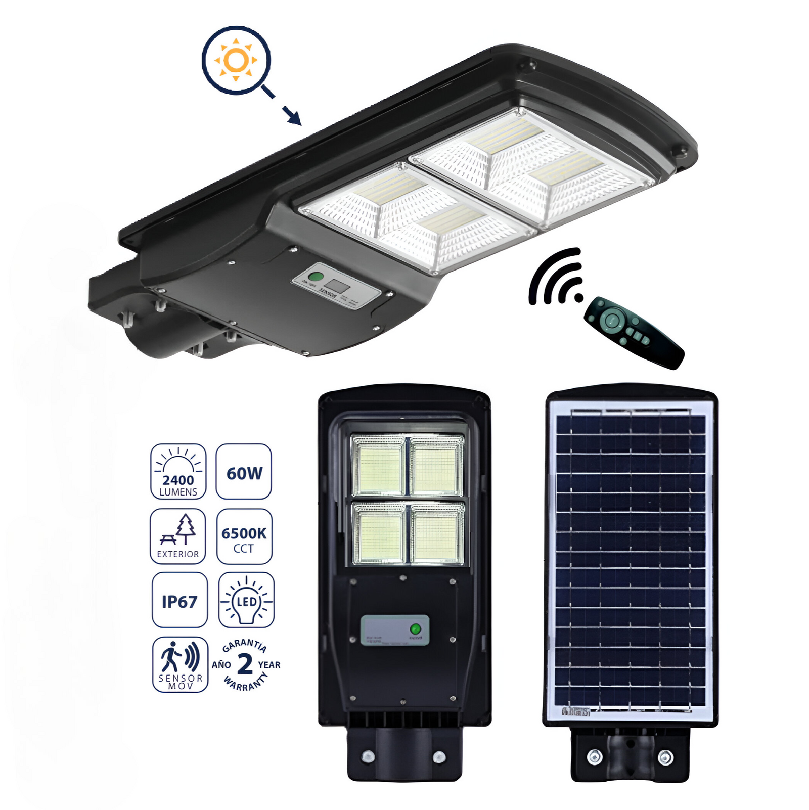Lámpara Solar De Calle LED 60W Con Sensor, 2400 Lm, 6500K Fría: Eficie