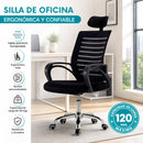 Silla de Oficina Ergonómica Negra con Reposacabezas y Altura Ajustable. Silla de Escritorio con Malla Transpirable, Base de Acero y Ruedas (48x60x98-106cm)