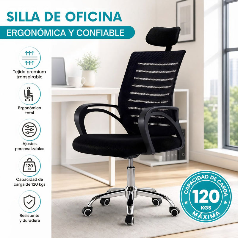 Silla de Oficina Ergonómica Negra con Reposacabezas y Altura Ajustable. Silla de Escritorio con Malla Transpirable, Base de Acero y Ruedas (48x60x98-106cm)