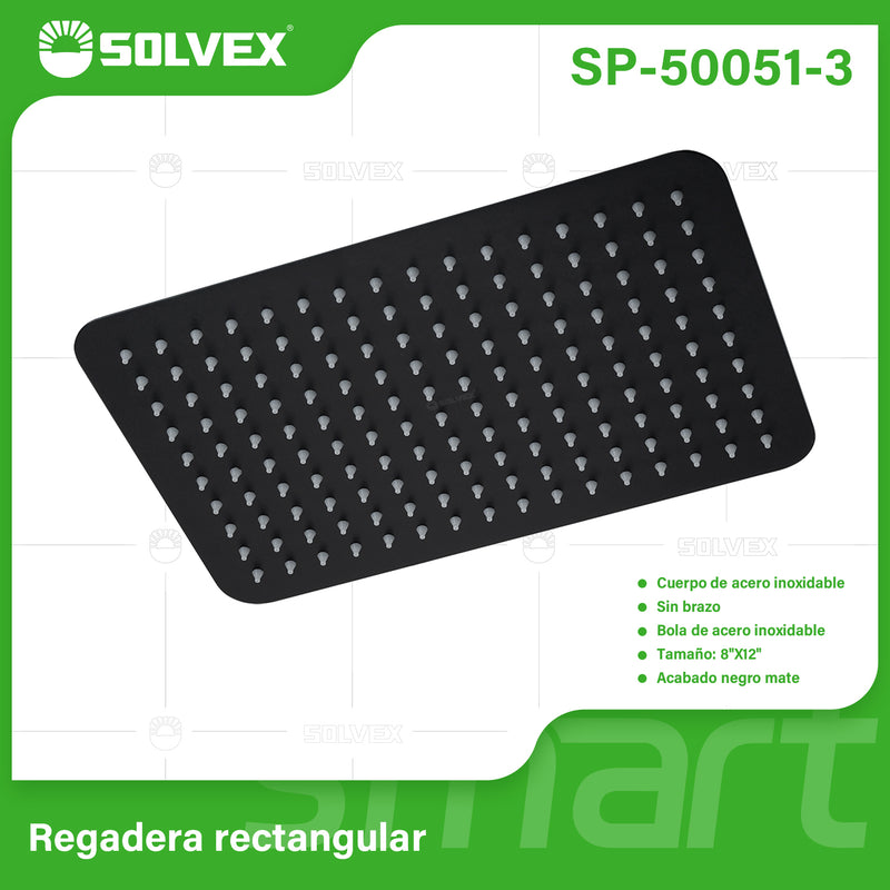 Regadera para Ducha Rectangular 8"x12" Negra. Cabezal de Acero Inoxidable Acabado Mate.
