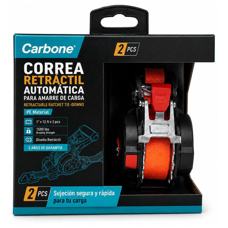 Correa Retráctil Automática Para Amarre De Carga. Cincha De Carga 2 Pcs 1500 lb (1"x 12 Ft)