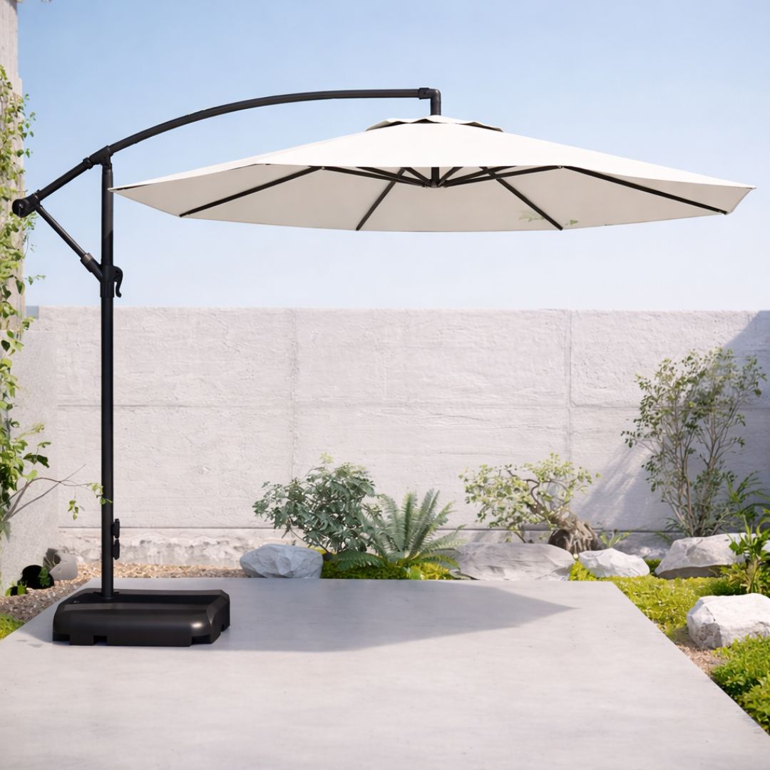 Sombrilla De Patio 2.7 mts Lona anti-UV Con Base Pesada de agua. Paraguas Para Jardín Exteriores. Color Blanco.