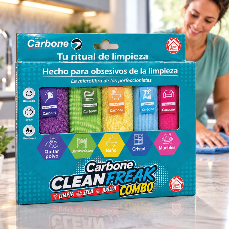 Paños de Microfibra Carbone Clean Freak. 30x30cm para Limpieza. Paños Multiuso Lavables y Reutilizables (Set de 5 unidades).