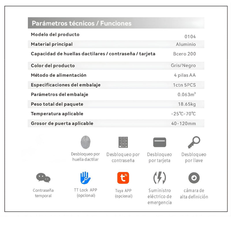 Cerradura Inteligente Digital Cerrojo Smart Lock 6 en 1. Llave Huella contraseña Bluetooth Camara app fácil de instalar