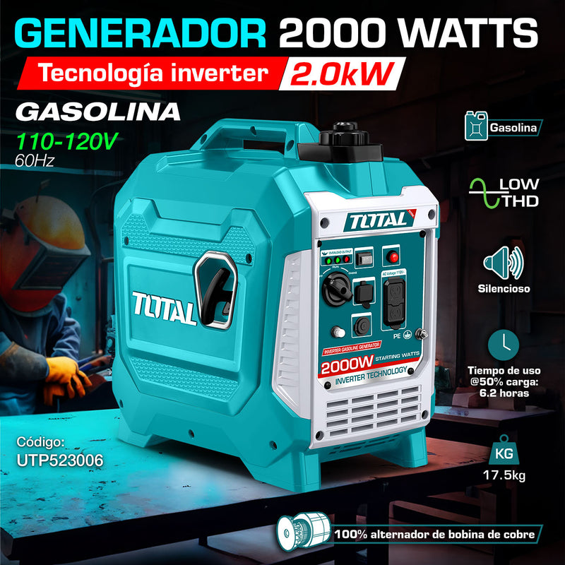 Generador 2000 Watts 2kW Inverter de Gasolina. 110-120V. Tiempo de uso 6.2 Horas. 17.5Kg. Combustible 4.4L planta