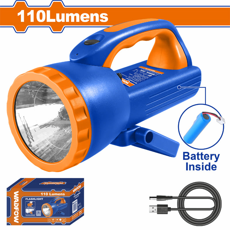 Linterna de mano. 110Lm. Interruptor de luz. Batería de iones de litio de 1500mAh Peso: 450g. D/L: 40/152mm. IP54 Carga con cable USB. Flashlight. Foco de Mano.