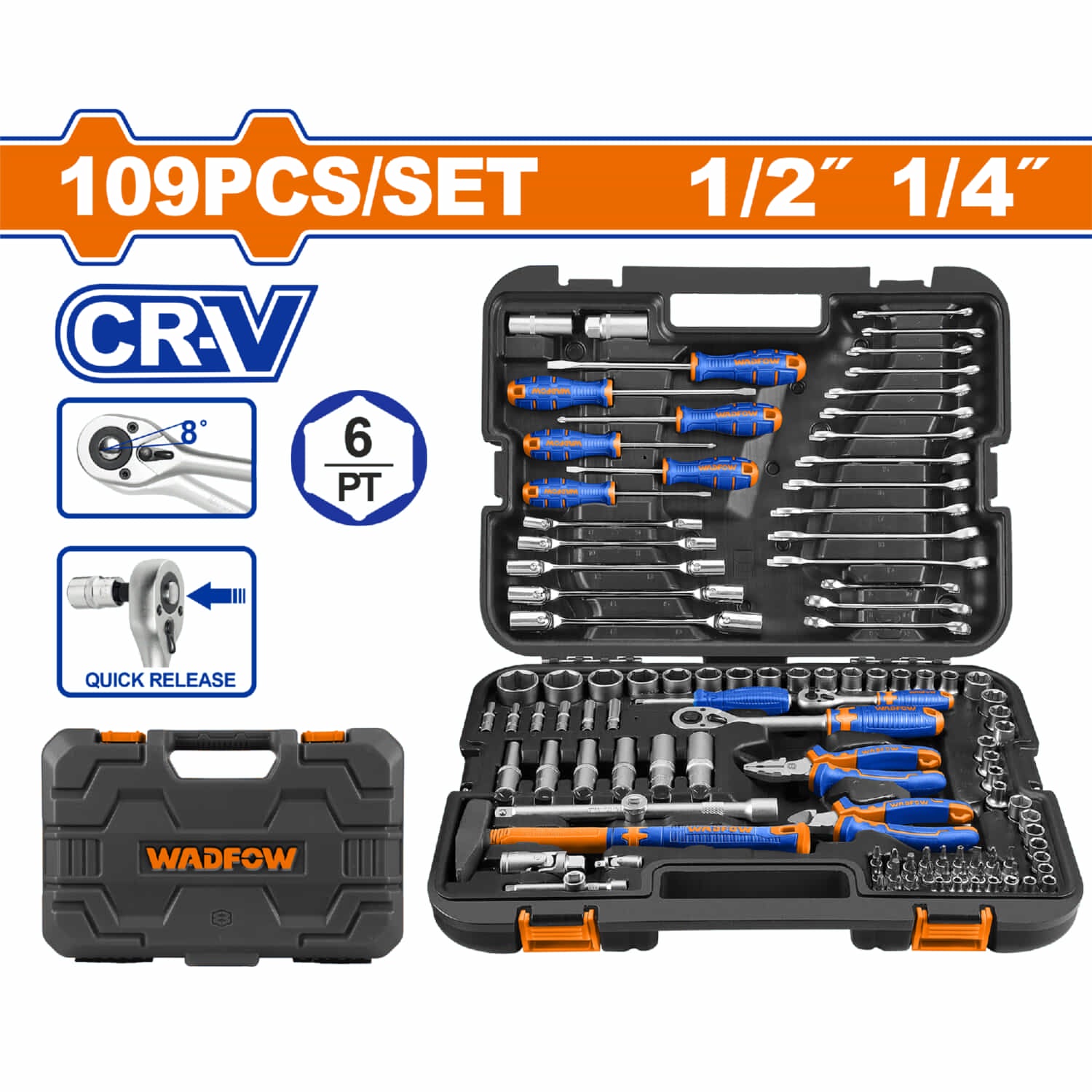 Herramientas Surtidas 109 Piezas con Ratchet, Dados, Llaves Combinadas. Cr-V, Tratamiento térmico. Cromado. Se vende en Juego. Con maletin