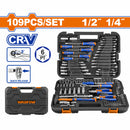 Herramientas Surtidas 109 Piezas con Ratchet, Dados, Llaves Combinadas. Cr-V, Tratamiento térmico. Cromado. Se vende en Juego. Con maletin