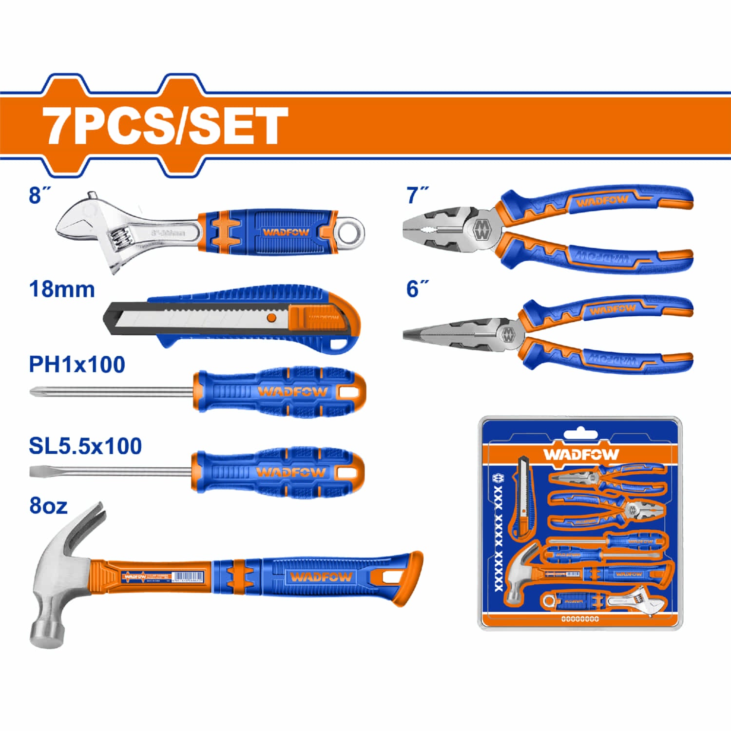 Herramientas Manuales 7 pzas. (Alicates, martillo, llave, cuchilla, destornilladores) Juego