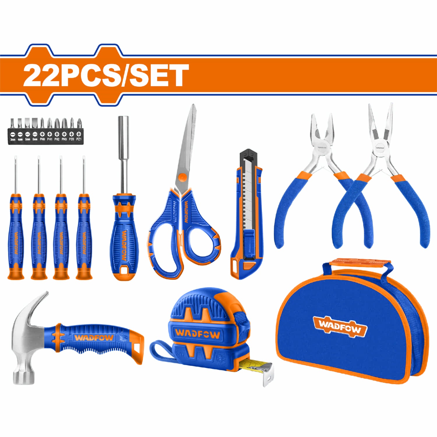 Herramientas Manuales juego 22 pzas. (Cinta métrica,destornilladores magnéticos, alicates,tijera,exacto,mini martillo, puntas) Juego