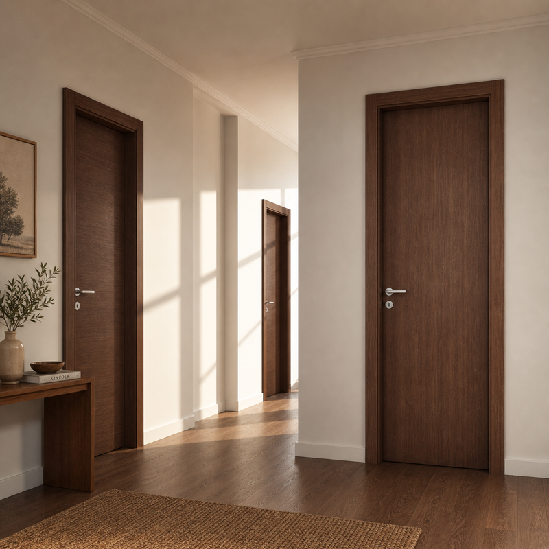 Puerta WPC 45mm madera interior Roble oscuro 85x215cm incluye marco completo y herrajes silver. Altisima calidad y resistencia