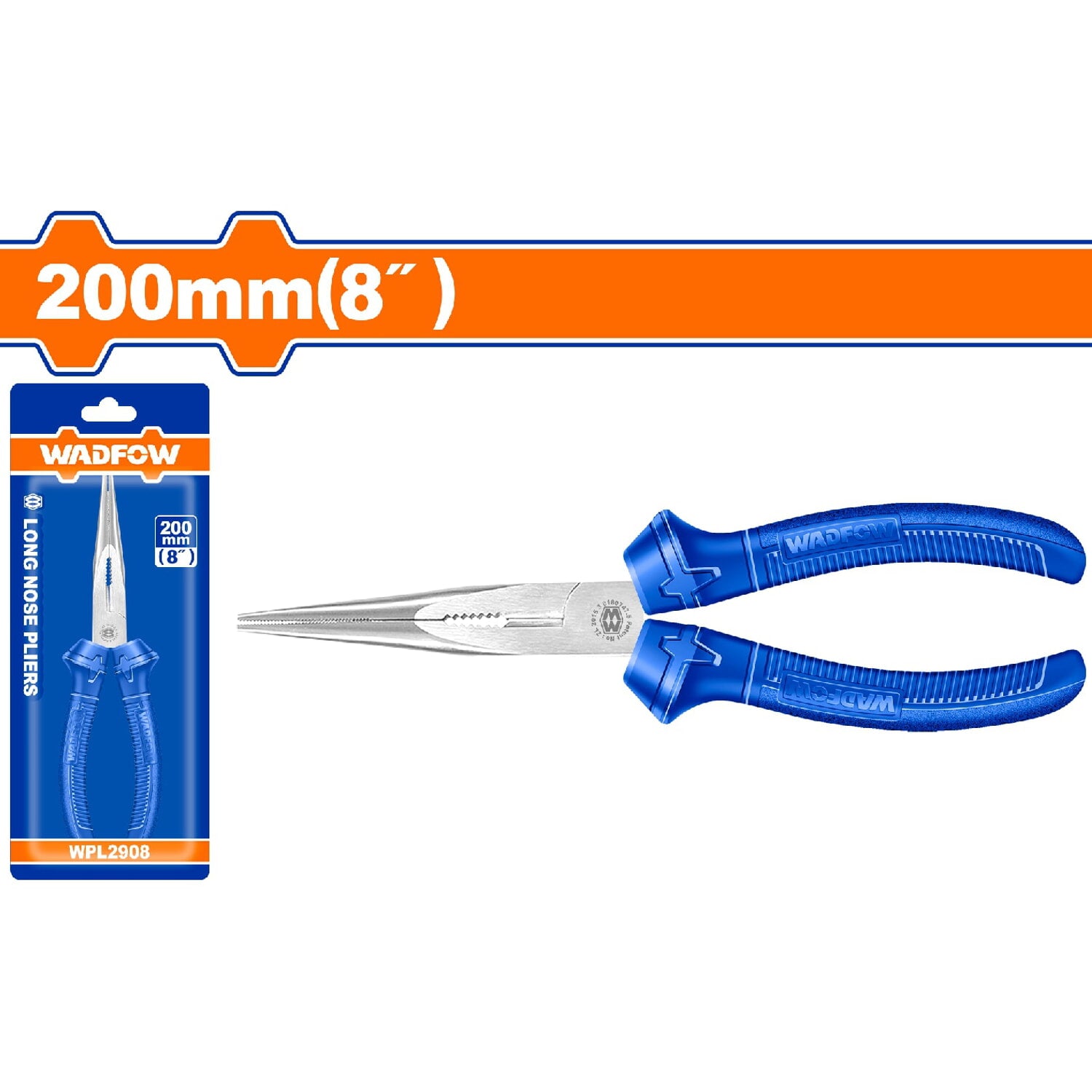Alicate de punta larga 8"/200mm. Pulido y antióxido. Con mango de color.