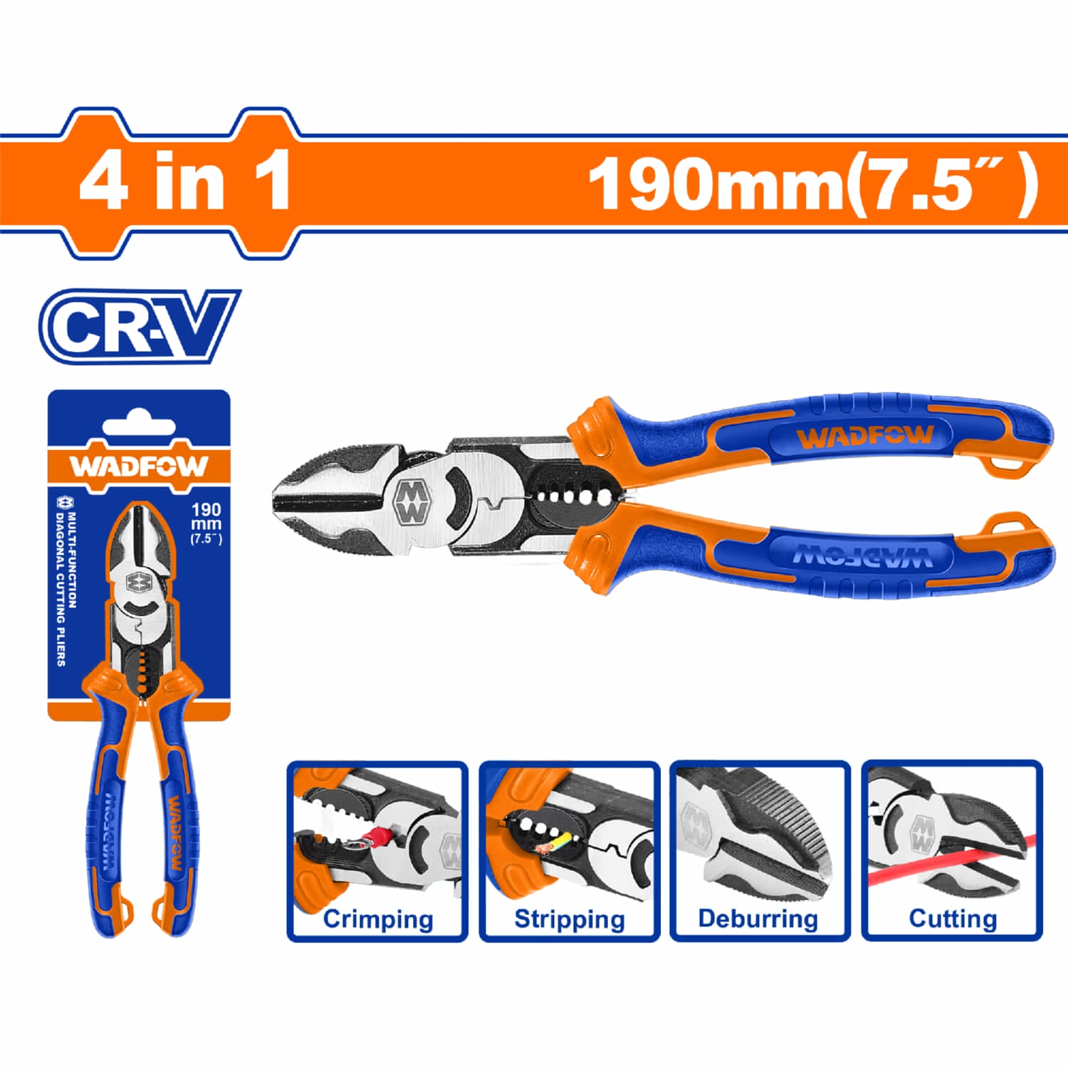 Alicate Multifunción de punta diagonal 4 en 1. 7.5" Cr-V Acabado negro y pulido. Mango cómodo. Corte recto
