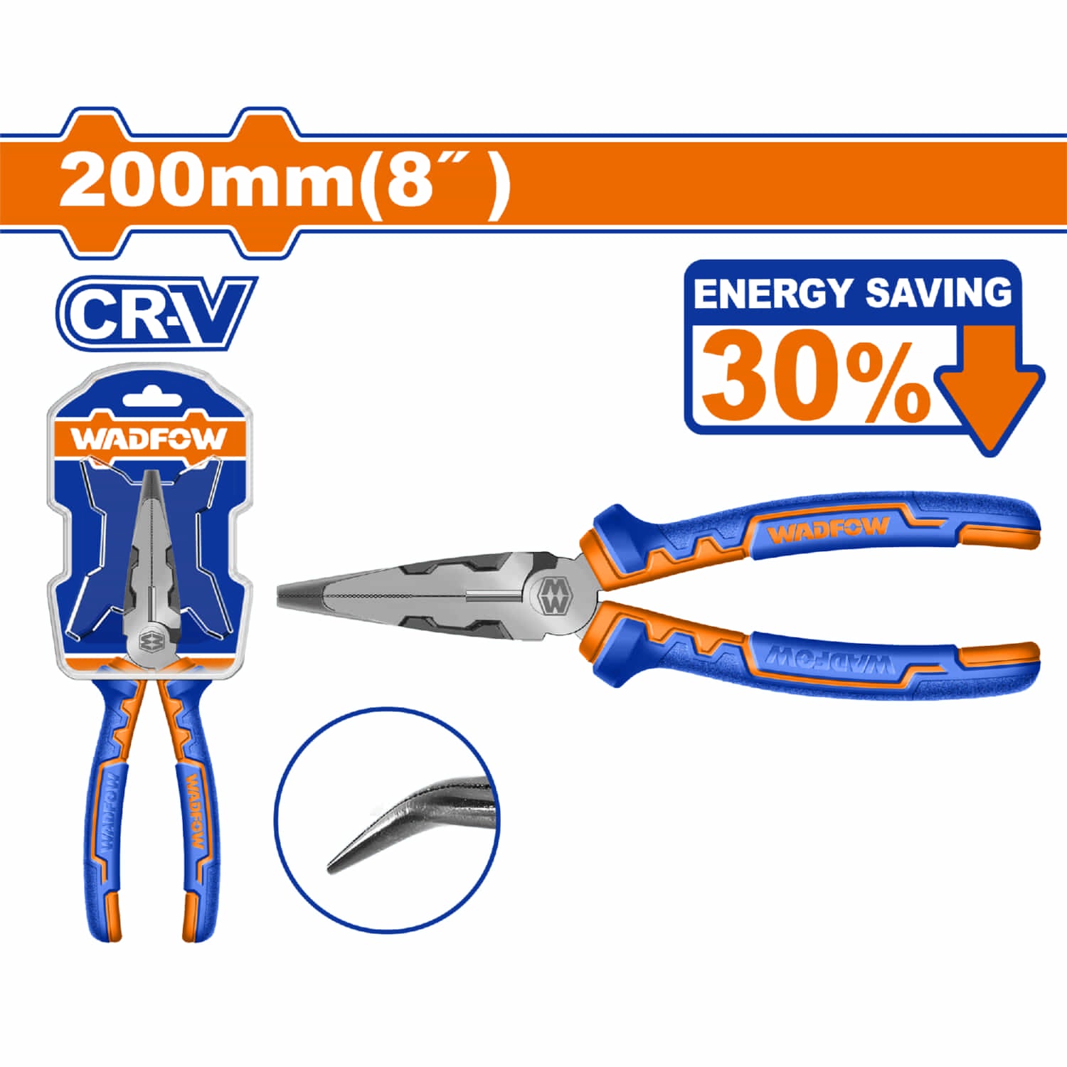 Alicate de punta doblada con alta aplancamiento 8" Cr-V Ahorro energía 30% Acabado negro y pulido. Mango cómodo.