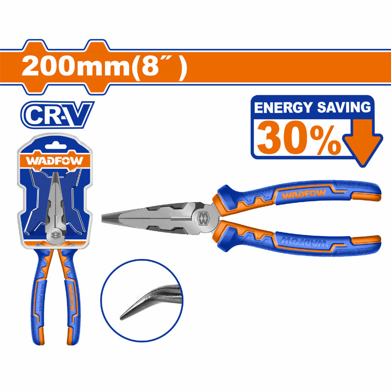 Alicate de punta doblada con alta aplancamiento 8" Cr-V Ahorro energía 30% Acabado negro y pulido. Mango cómodo.