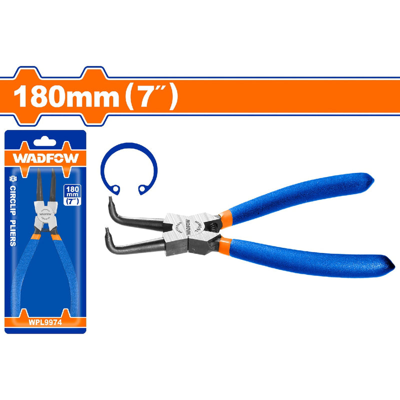 Alicate punta doblada 180mm(7") Incluye anillo de retención interno 1.8mm. Acero al carbono.