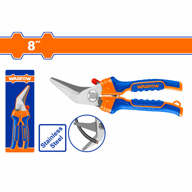 Tijera Multiusos 8" hojas curvas. Acero Inoxidable. Diseño único. Superficie arenada. Ideal para cortar cables.