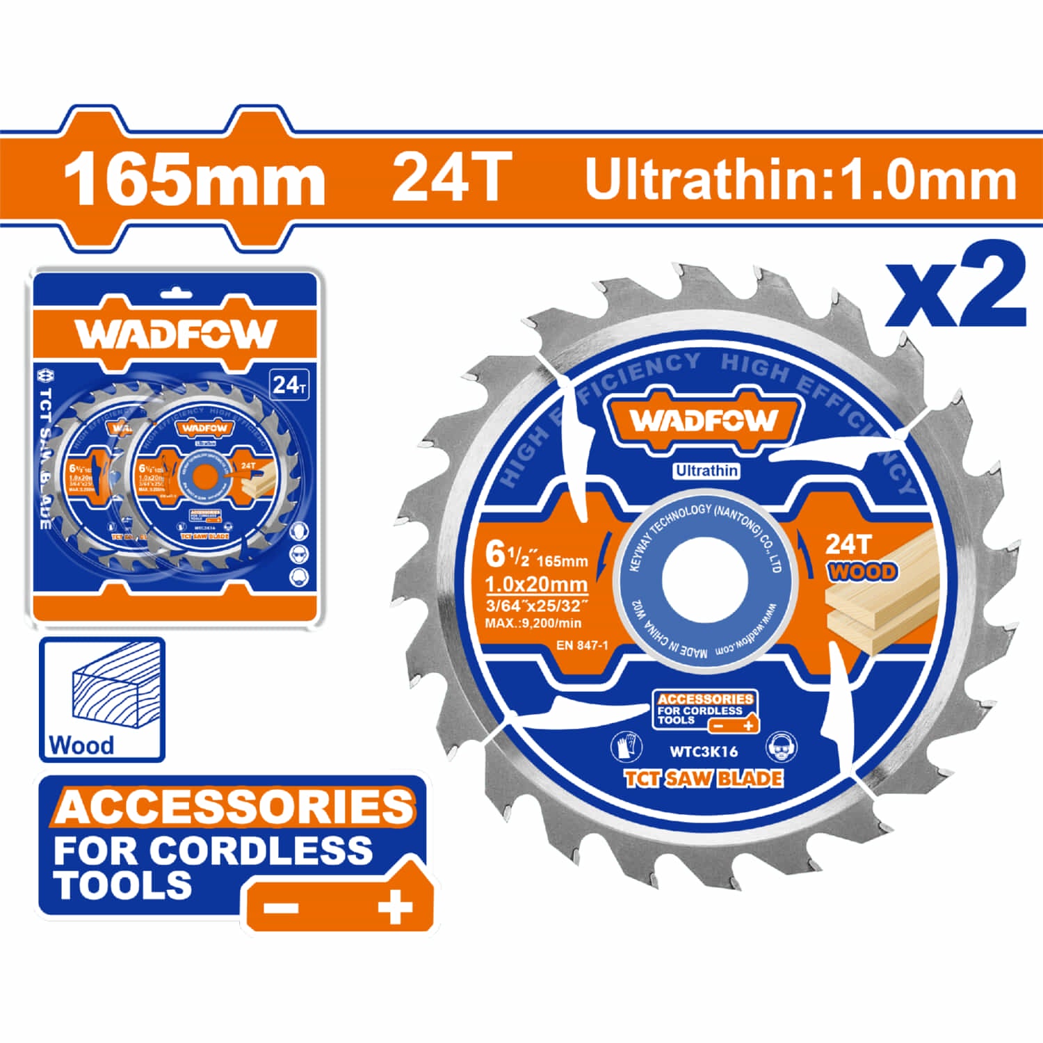 Discos 6-1/2" Sierra Ultra Fina 1.0mm 165mm 24T Ideal para corte en Madera. Uso en Sierras Circulares Inalámbricas. Set 2 piezas.